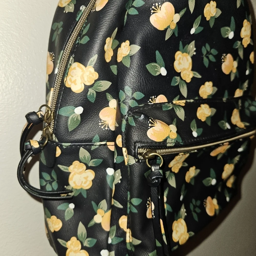 Kohls Purse Mini Backpack Handbag  Black W/ Yellow Flowers